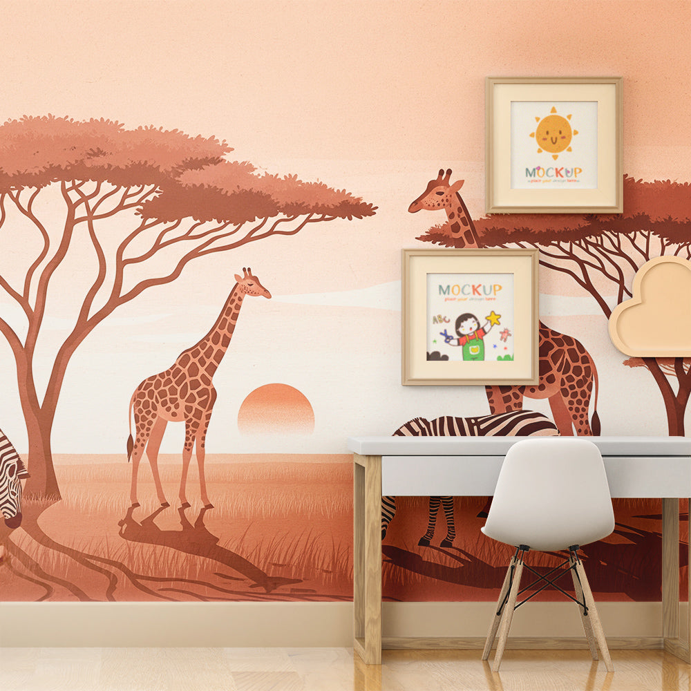 Kids-Mundo safari wall mural with giraffes and zebras made to measure for a kids bedroom wall