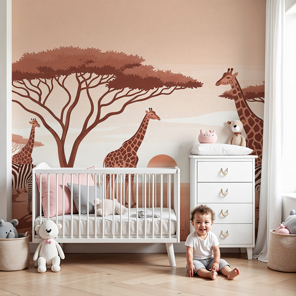 Kids-Mundo safari giraffes and zebras wall mural at sunset in a warm, calming nursery
