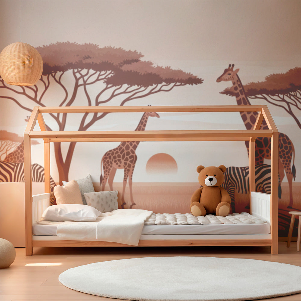 Kids-Mundo safari animal wall mural covering a playroom wall with giraffes, zebras and acacia trees