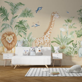 Enchanted pastel safari wallpaper creating magical jungle atmosphere in kids bedroom