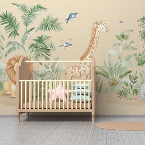 Calming jungle animals mural wallpaper transforming children's playroom with soft green tones