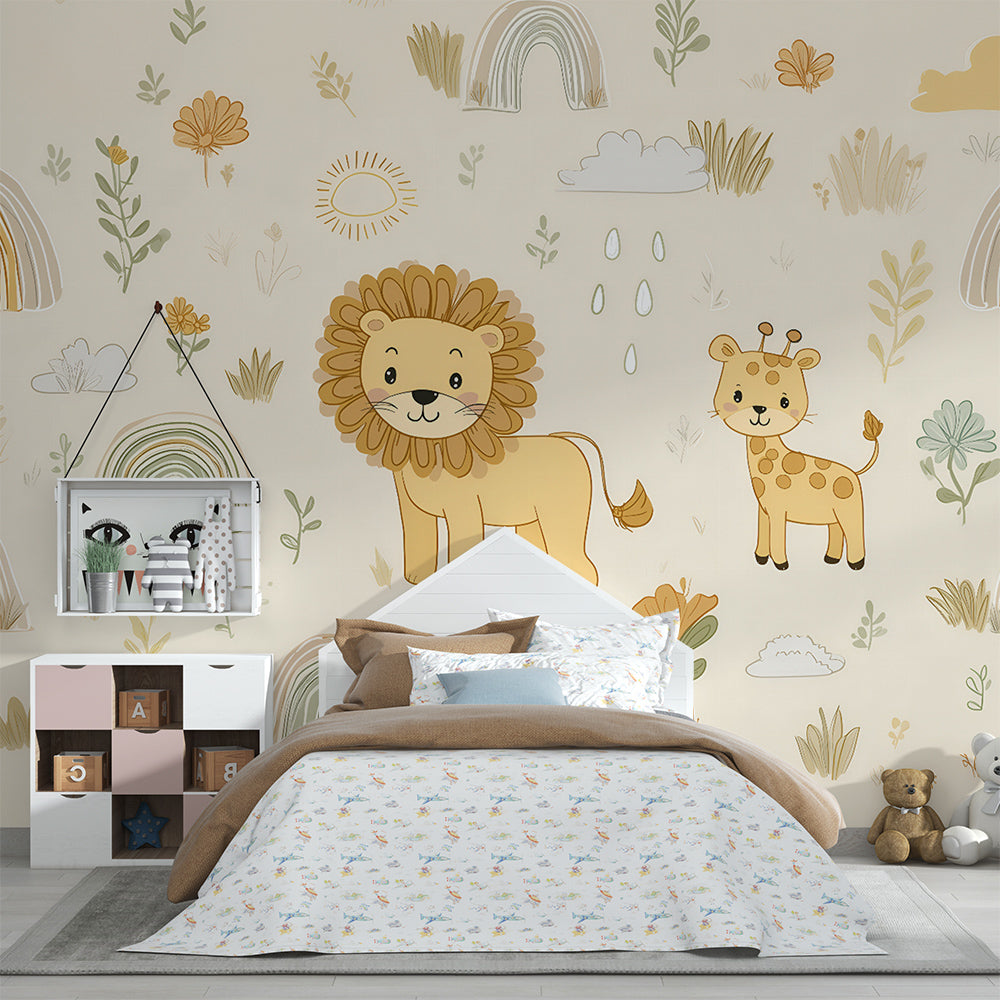 Kids-Mundo rainbow safari animal wall mural behind a cot in a kids bedroom