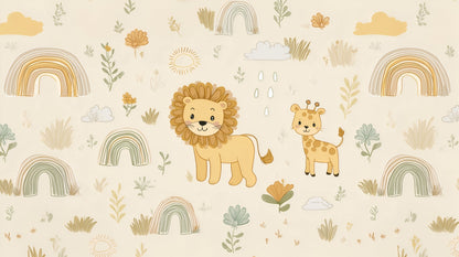 Kids-Mundo flat artwork of the safari lion and giraffe rainbow wall mural