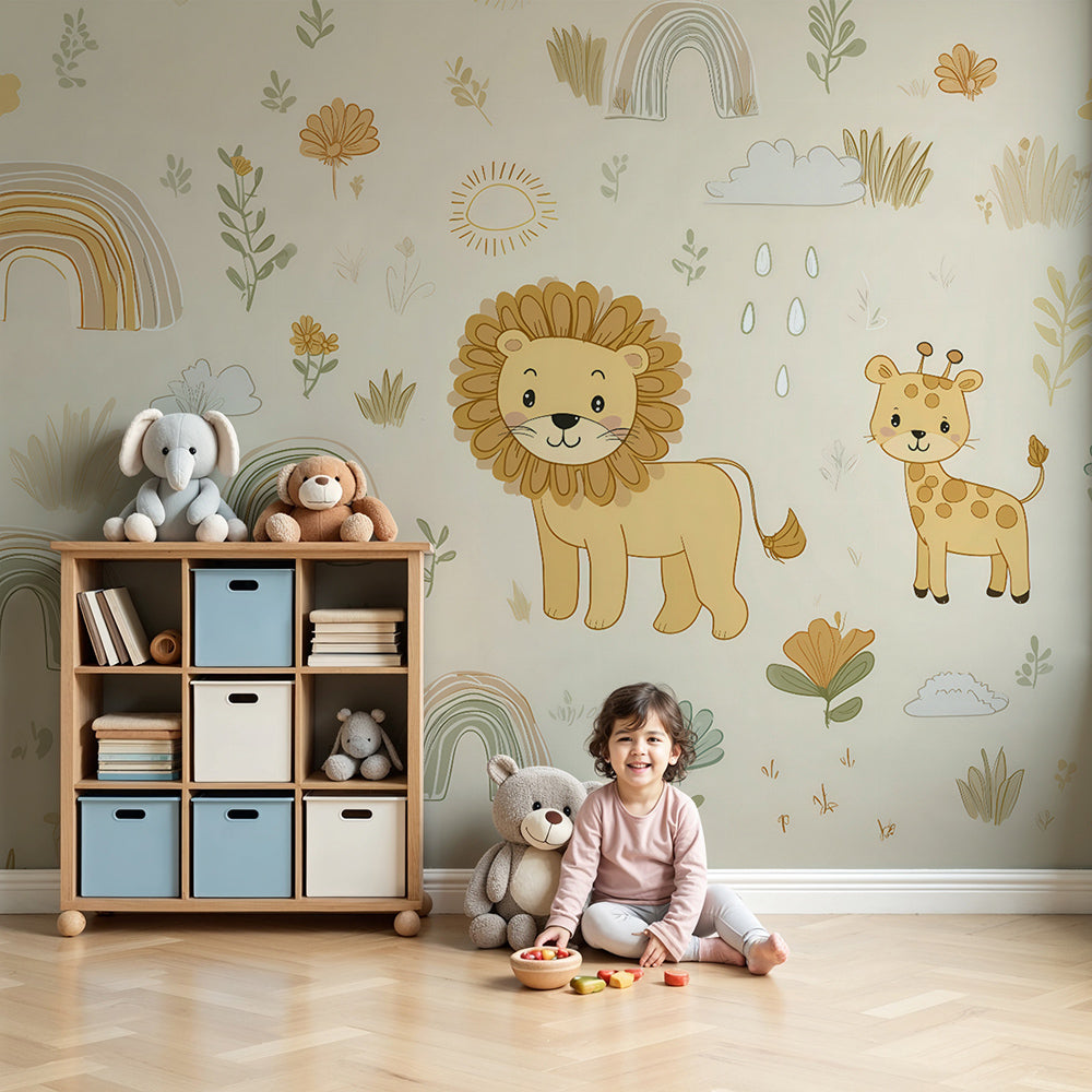 Kids-Mundo safari lion and giraffe wall mural covering a nursery feature wall