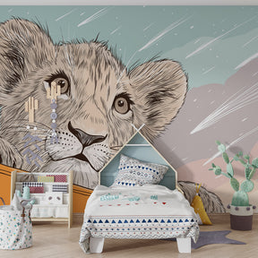Adventure-themed kids bedroom featuring safari lion wallpaper with vehicle window view