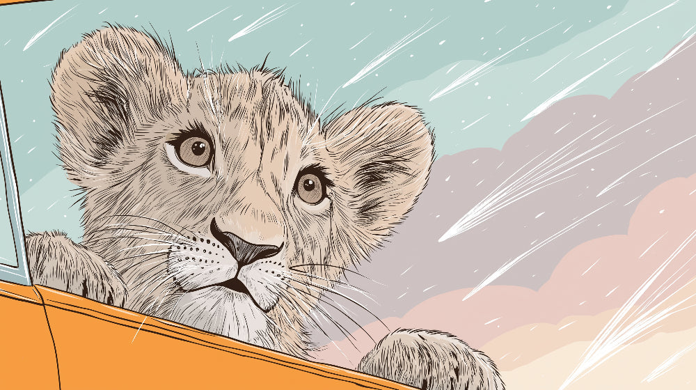 Detailed safari lion mural wallpaper design pattern showing baby lion through window by Kids-Mundo