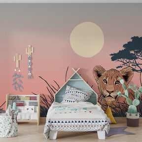 Safari lion cub wallpaper creating adventurous kids bedroom decor with sunset theme
