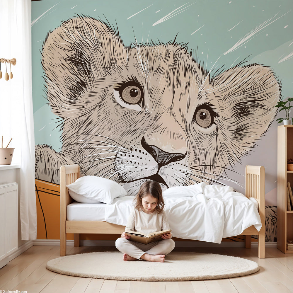 Safari lion mural wallpaper in cozy nursery with natural wood furniture by Kids-Mundo
