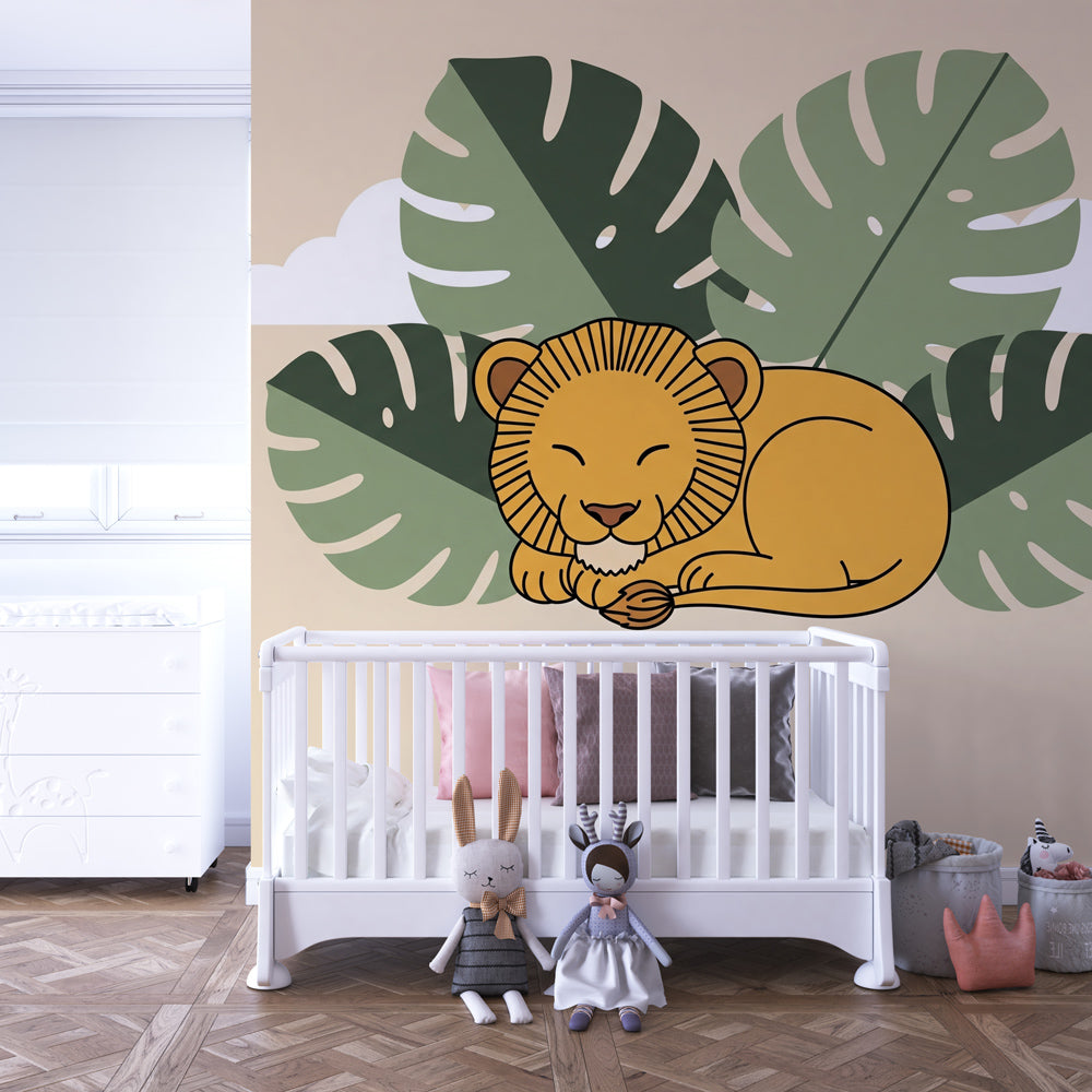 Gentle lion mural wallpaper with green foliage transforming kids playroom into jungle retreat