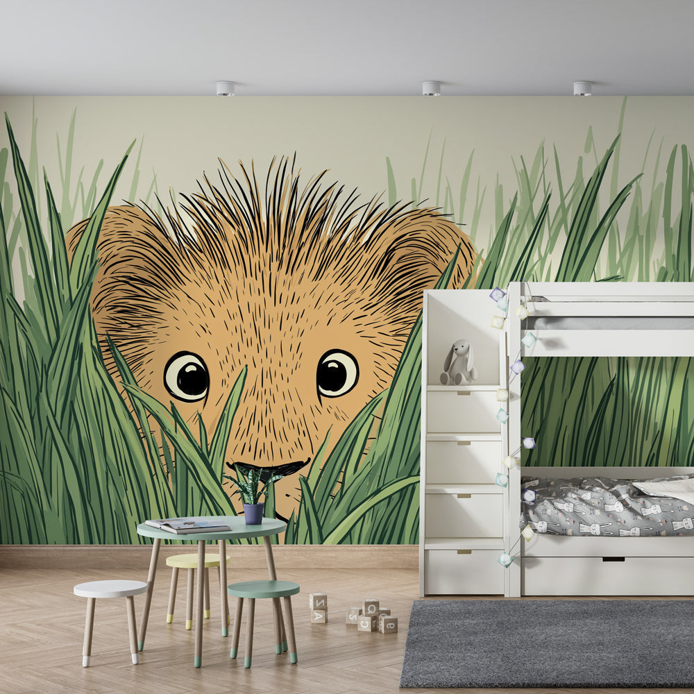 Safari-themed lion cub wallpaper transforming kids playroom with natural adventure decor