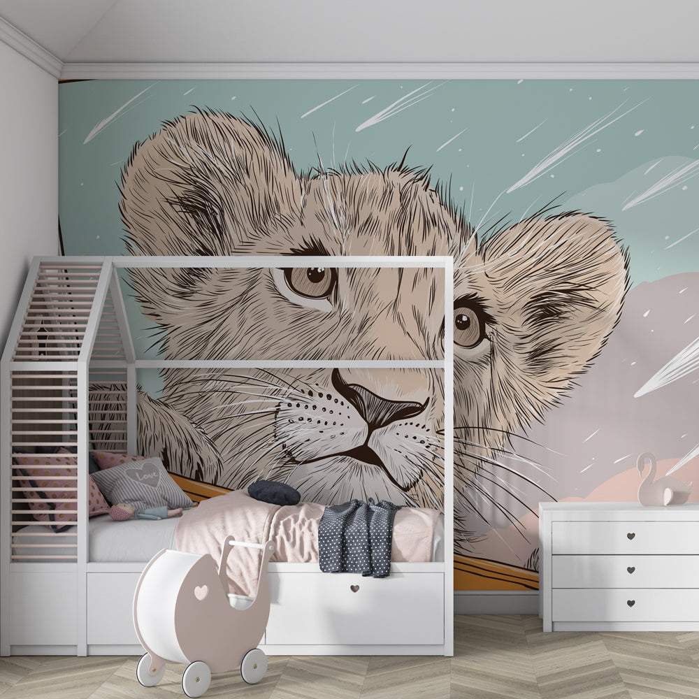 Safari lion wallpaper creating wild adventure atmosphere in children's playroom