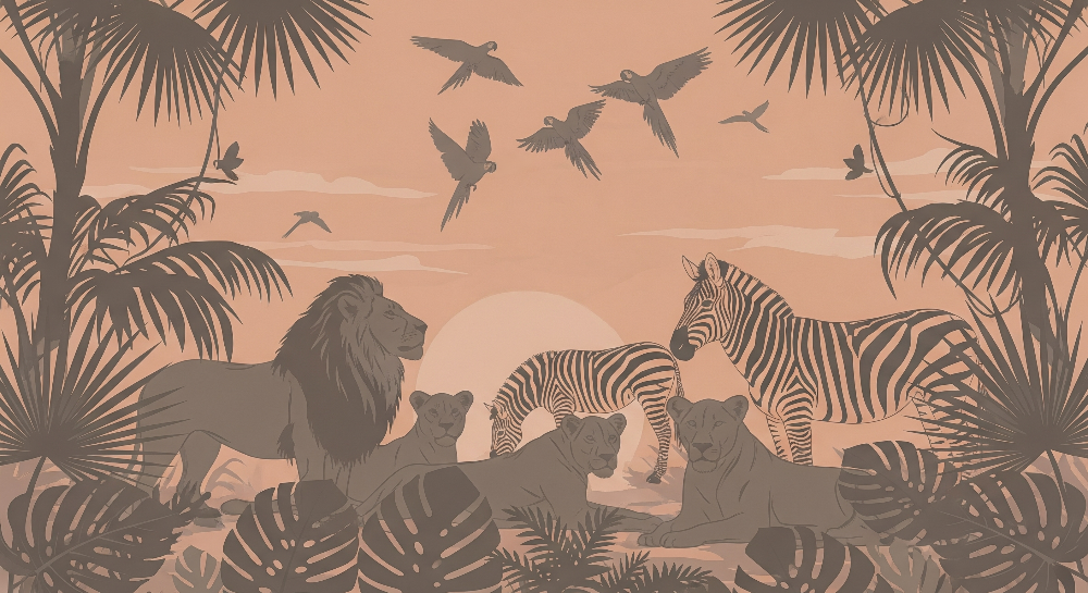 Safari Lion and Zebra Jungle Sunset Wall Mural
