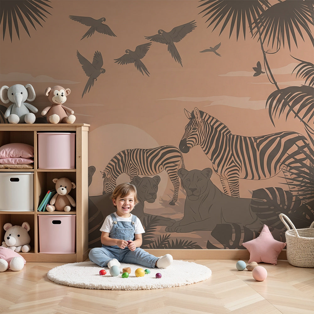 Kids-Mundo safari lion and zebra wall mural made to measure for a child's nursery wall
