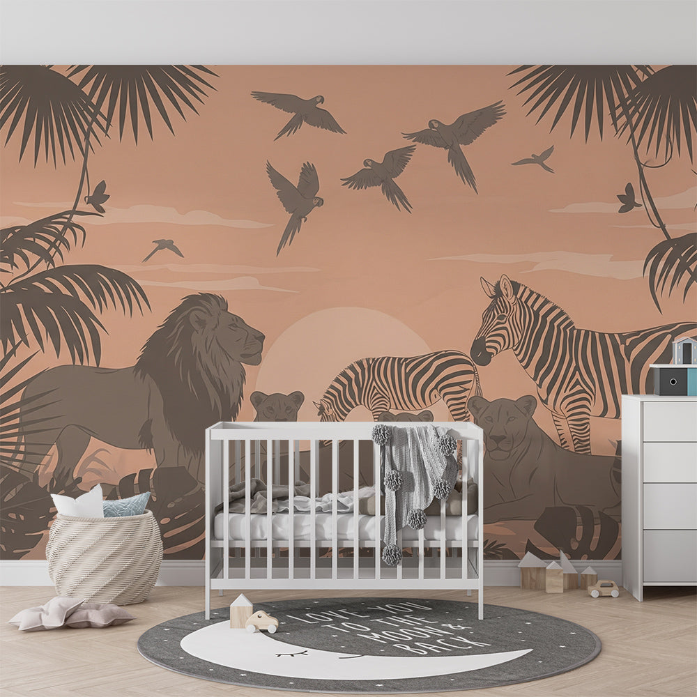 Kids-Mundo safari sunset wall mural with parrots and palm trees in a playroom