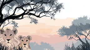 Detailed safari lions mural wallpaper design pattern with pastel savanna landscape by Kids-Mundo