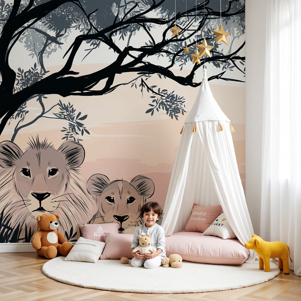 Safari lions mural wallpaper creating peaceful nursery atmosphere with soft pastel colors by Kids-Mundo