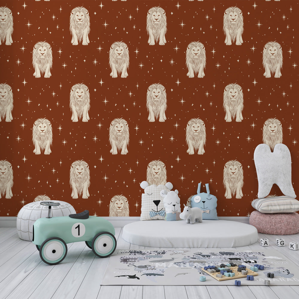 Terracotta lions starry wallpaper creating inspiring playroom atmosphere for kids by Kids-Mundo