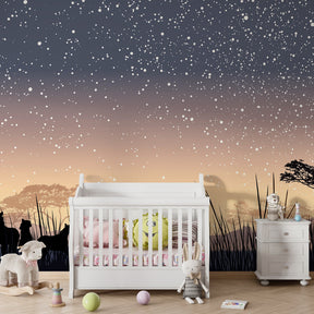 Safari themed mural wallpaper showcasing twilight savanna scene for children's room decor