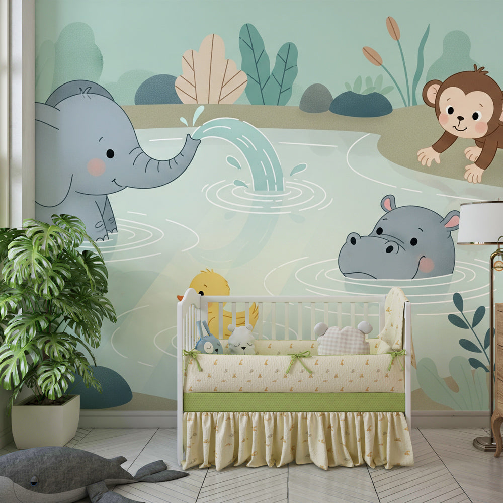 Safari pond wallpaper featuring playful animals creating magical children's bedroom decor