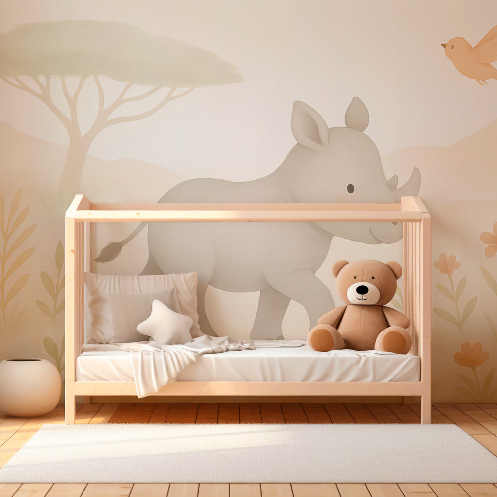 Children's bedroom featuring gentle rhino and bird mural wallpaper with natural wood furniture