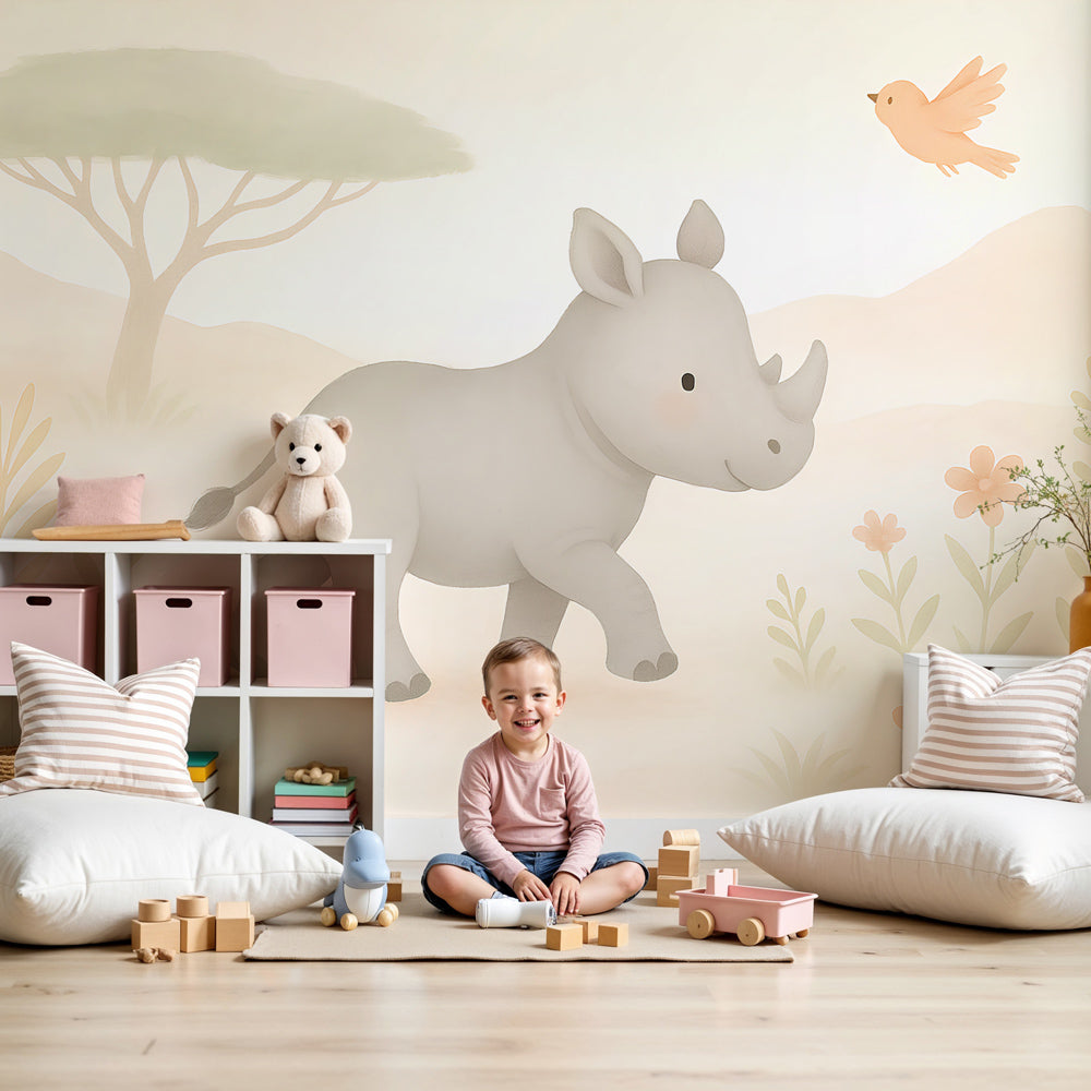 Safari rhino mural wallpaper creating peaceful nursery atmosphere with soft pastel colors by Kids-Mundo