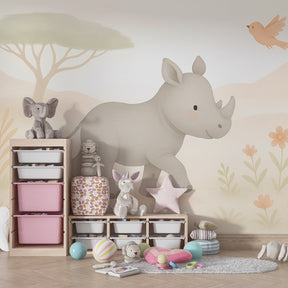 Safari animal mural wallpaper transforming kids playroom with whimsical rhino and bird design