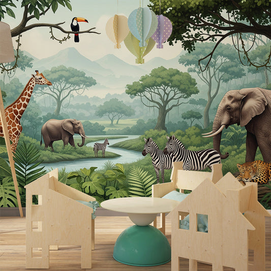 Kids-Mundo jungle river mural wallpaper with toucans and elephants decorating a kids bedroom wall