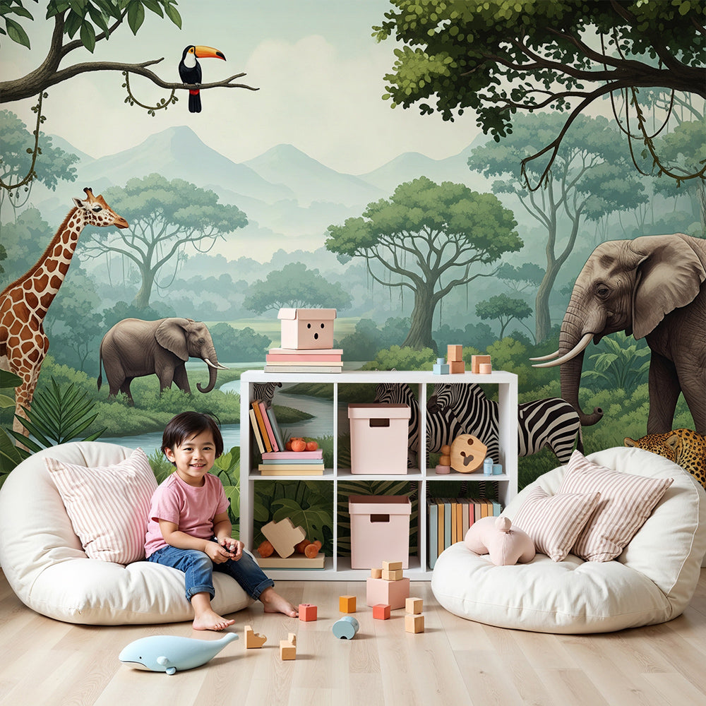 Kids-Mundo toucan and safari river jungle wall mural shown as wallpaper in a bright nursery
