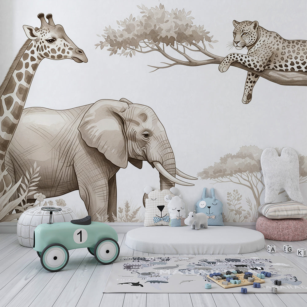 Kids-Mundo giraffe and elephant wall mural on a feature wall in a cosy kids bedroom