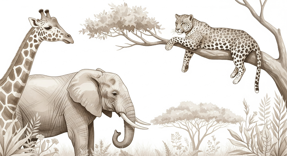 Safari Animals with Giraffe, Elephant and Leopard Wall Mural