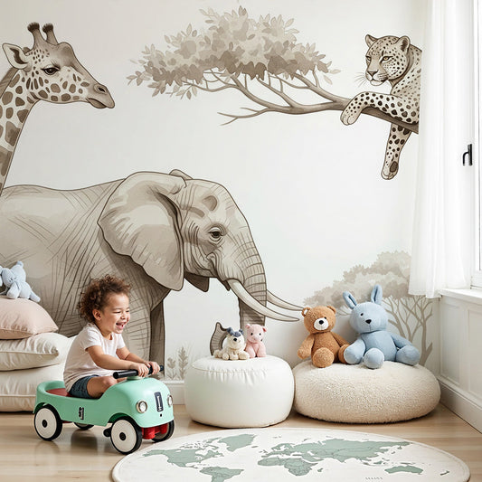 Kids-Mundo safari animal wall mural made to measure and installed in a warm, soft nursery