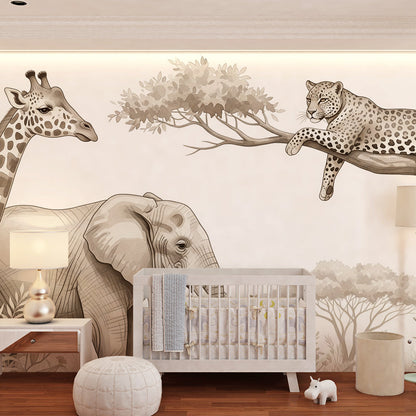 Kids-Mundo safari wall mural with giraffe, elephant and leopard in a bright children's playroom