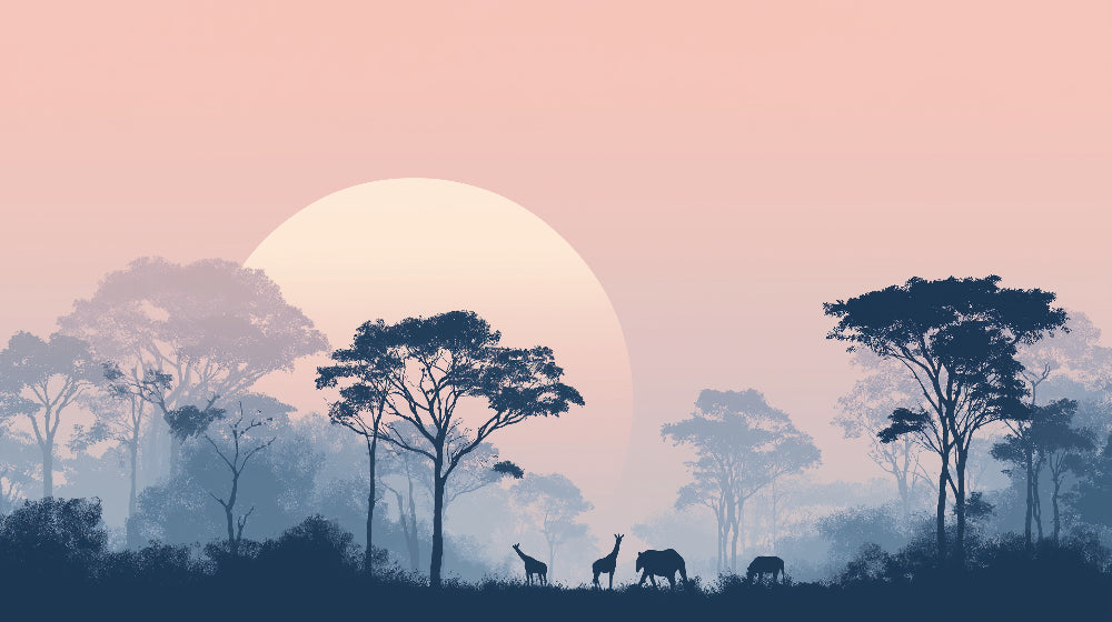 Detailed safari sunset mural wallpaper design pattern with giraffe and elephant silhouettes by Kids-Mundo