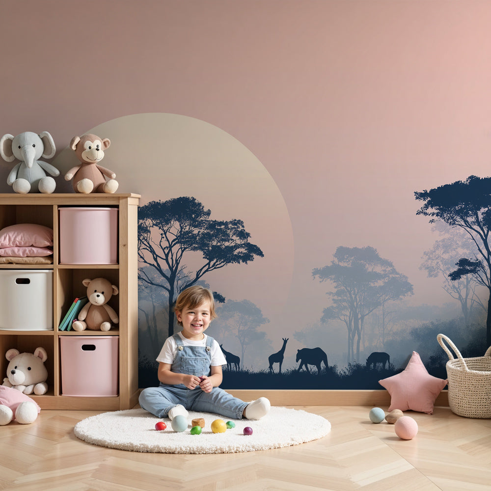 Safari sunset mural wallpaper creating peaceful nursery atmosphere with animal silhouettes by Kids-Mundo