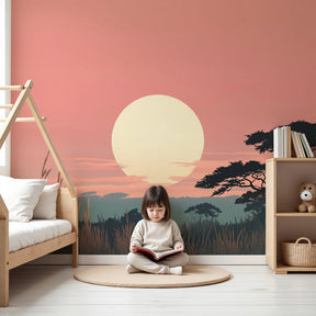 Safari sunset mural wallpaper in modern nursery with African savanna design by Kids-Mundo