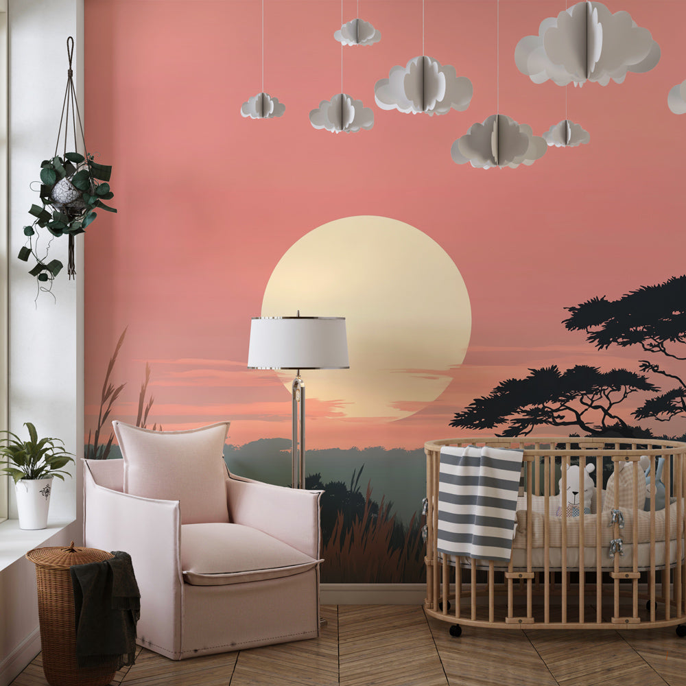 Safari themed mural wallpaper transforming children's playroom with warm sunset hues