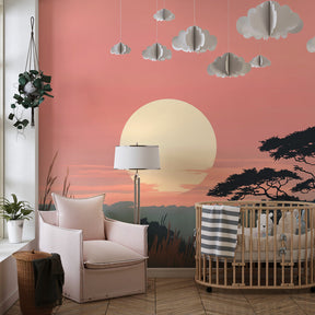 Safari themed mural wallpaper transforming children's playroom with warm sunset hues