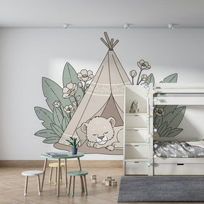 Adventure tent wallpaper with lion cub creating peaceful kids bedroom decor atmosphere