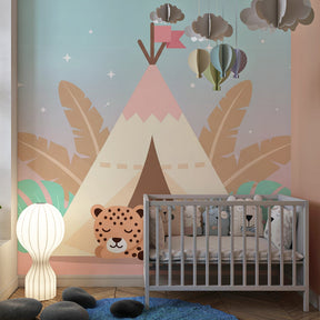 Safari tent wallpaper with twinkling stars transforming children's playroom into adventure zone