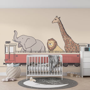Elephant lion giraffe train wallpaper creating playful children's bedroom decor