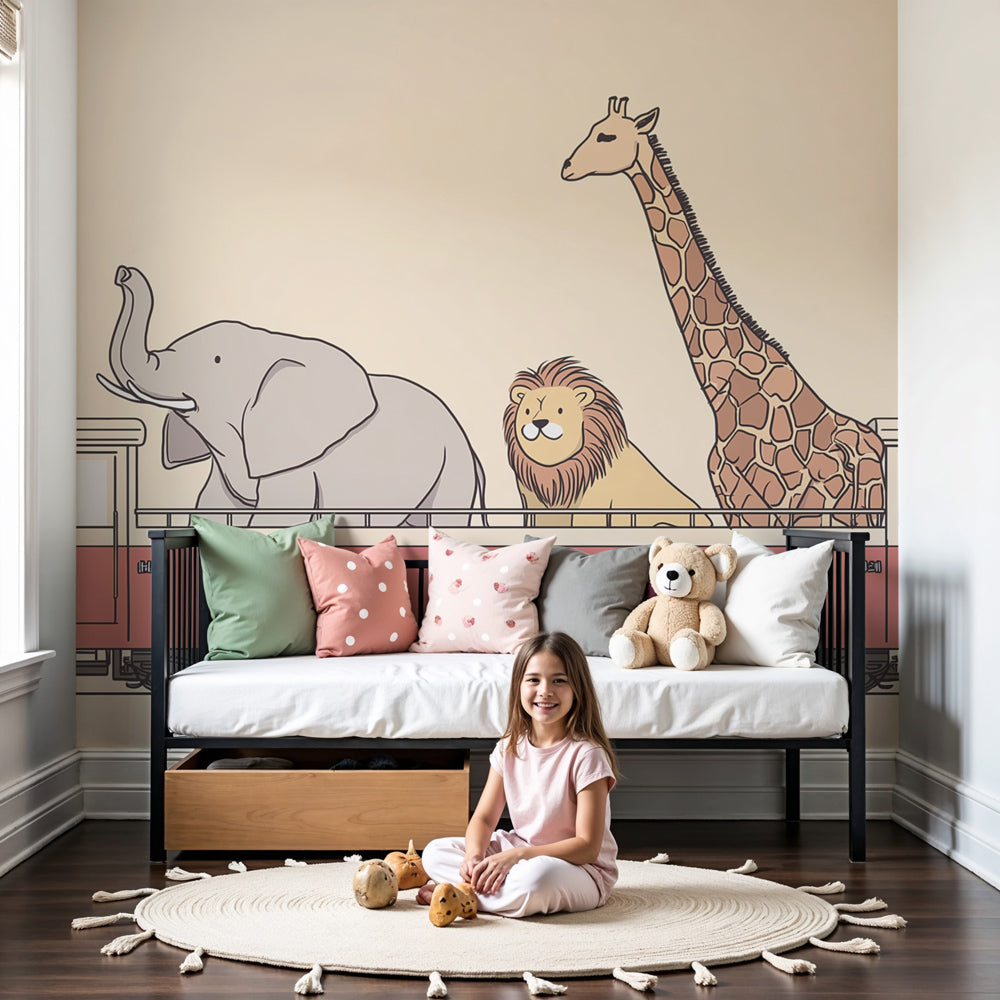 Safari train mural wallpaper with animals in modern nursery room by Kids-Mundo
