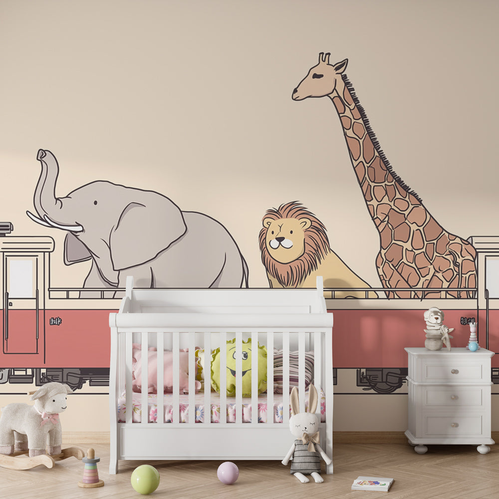 Safari animal train wallpaper transforming toddler room into adventure space
