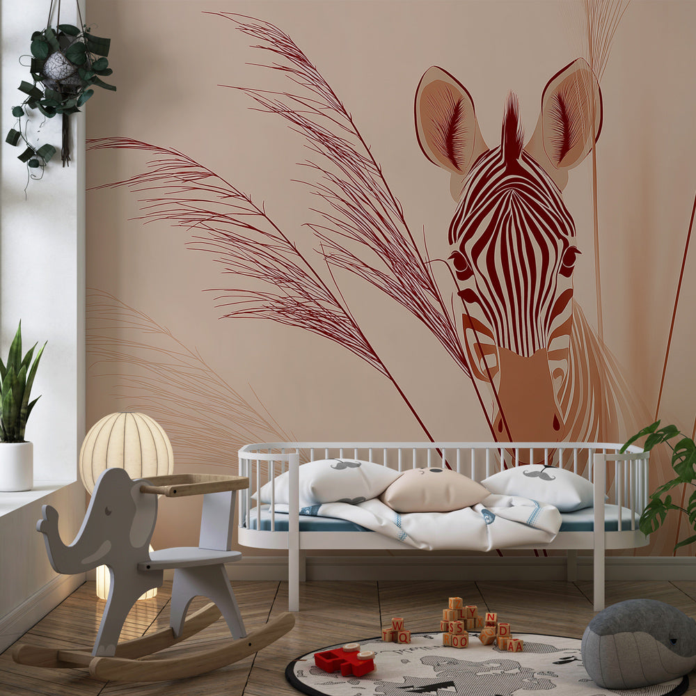 Safari animal mural wallpaper transforming baby room into serene wildlife sanctuary