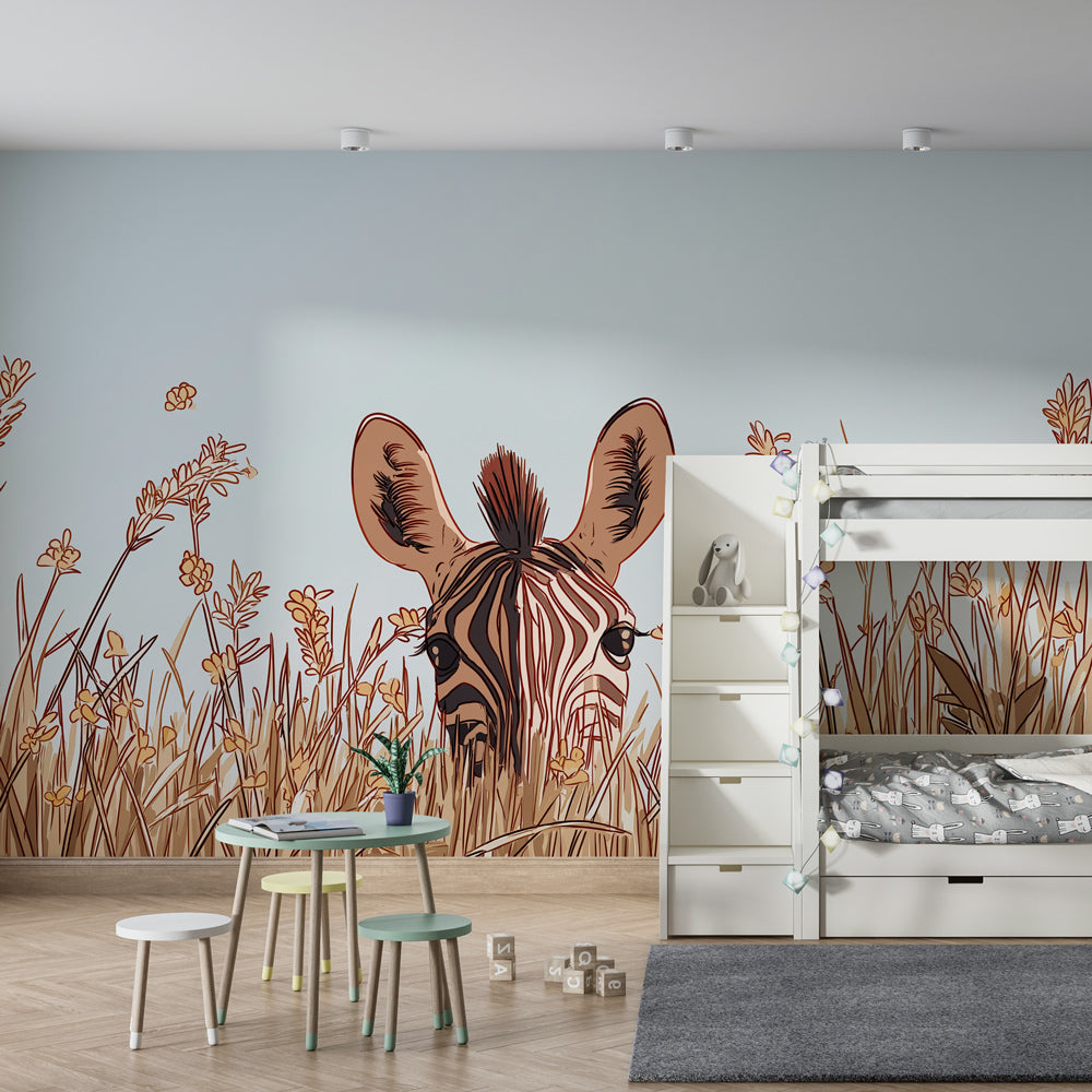 Zebra in tall grass wallpaper creating peaceful atmosphere in children's bedroom