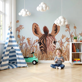 Safari zebra mural wallpaper in modern nursery room with natural decor by Kids-Mundo