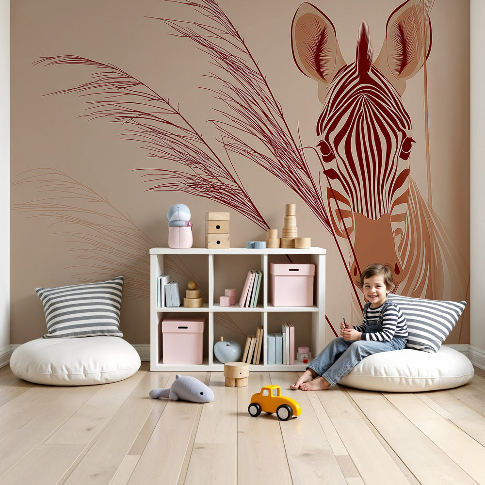 Safari zebra mural wallpaper in modern baby nursery with wooden crib by Kids-Mundo
