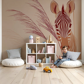 Safari zebra mural wallpaper in modern baby nursery with wooden crib by Kids-Mundo