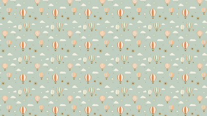 Kids-Mundo flat artwork of a repeating hot air balloon pattern on a sage green background