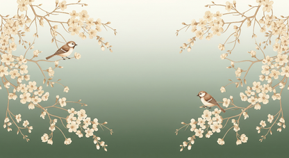 Kids-Mundo flat artwork of mirrored sage-green blossom tree branches with perched birds, full mural design.