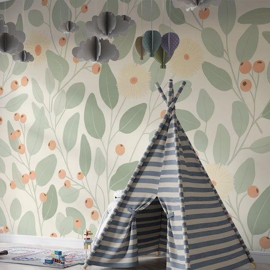 Kids-Mundo sage botanical leaf and berry wall mural on a feature wall in a child's kids bedroom